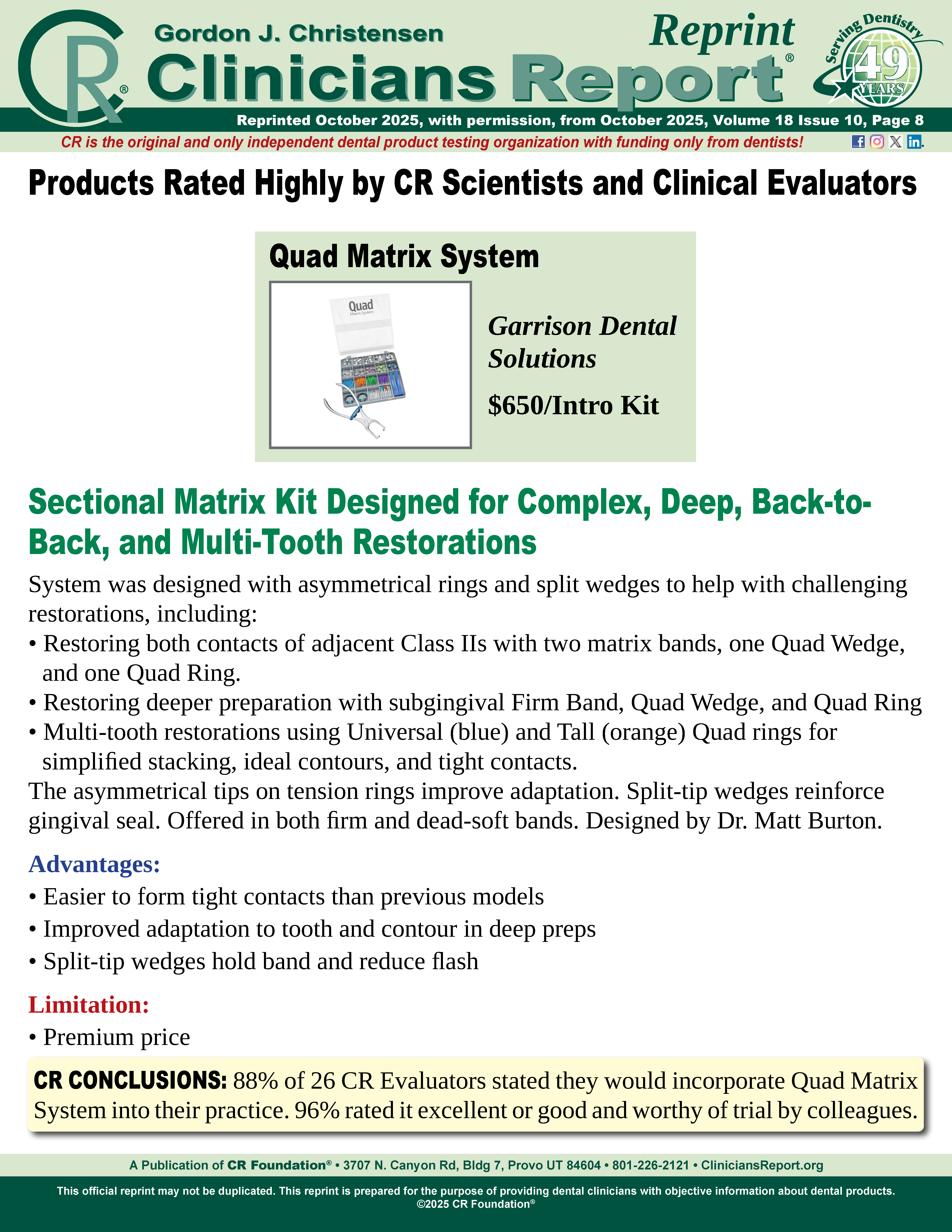 Clinician Report Article - Quad Matrix System